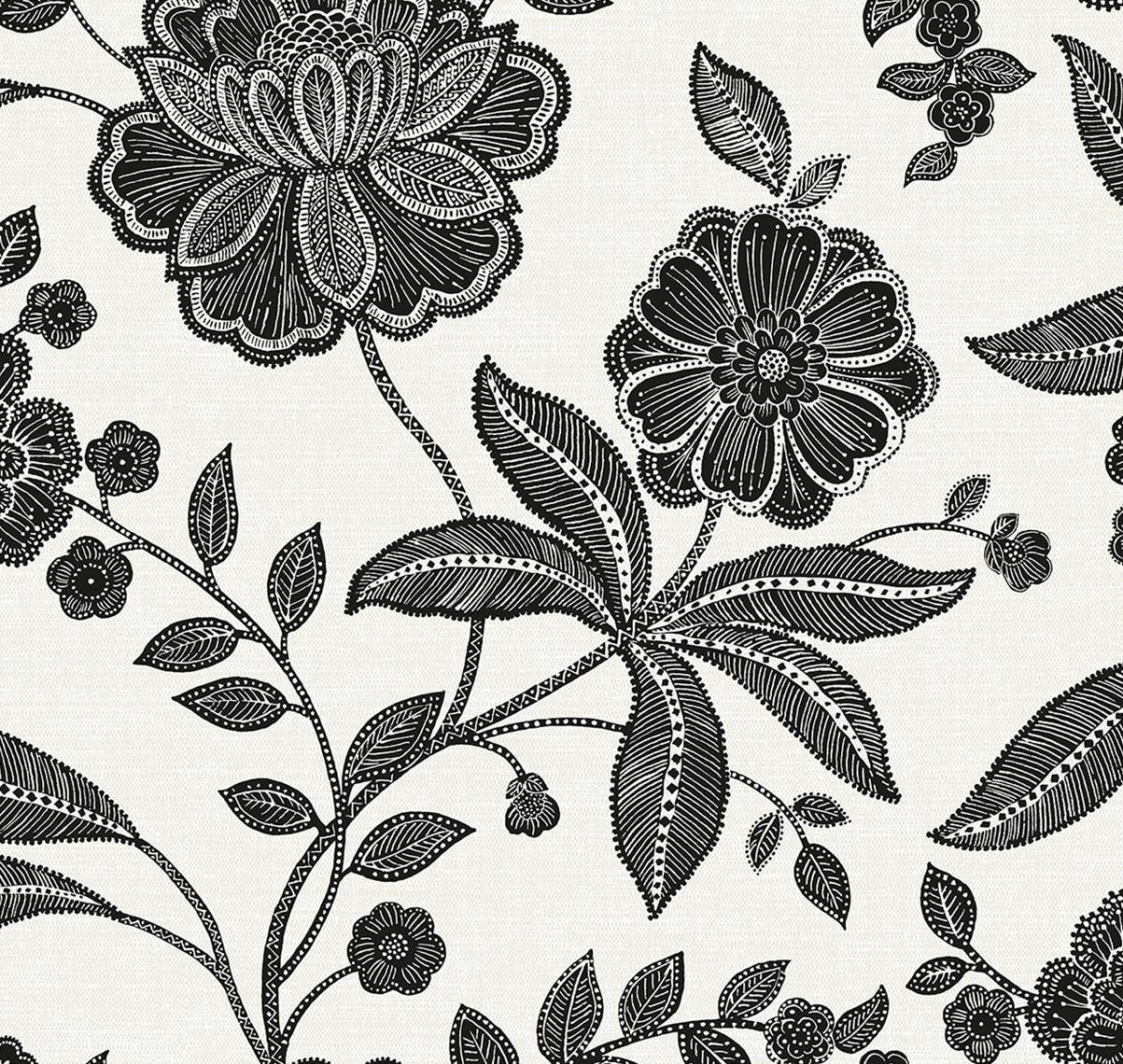 Ebony and ivory Jacobean floral peel and stick wallpaper with satin finish