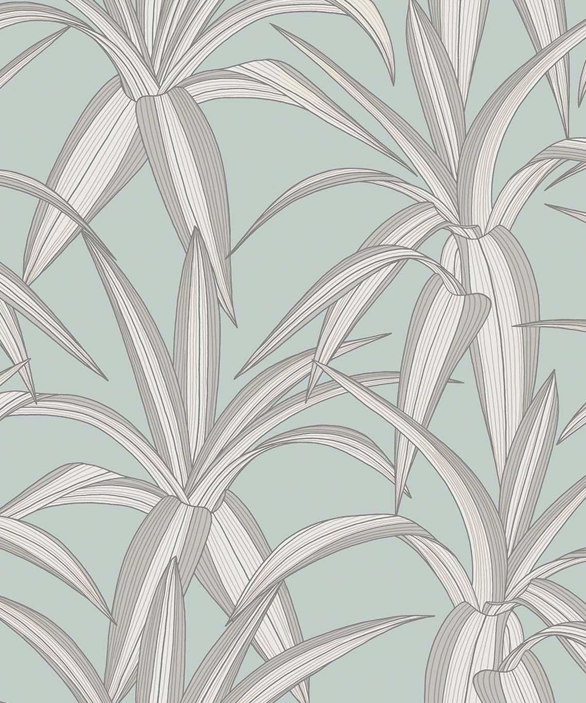 Tossed Cradle Plant peel and stick wallpaper in Blue Mist with sketched tropical foliage