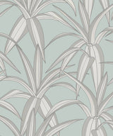 Tossed Cradle Plant peel and stick wallpaper in Blue Mist with sketched tropical foliage