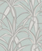 Tossed Cradle Plant peel and stick wallpaper in Blue Mist with sketched tropical foliage