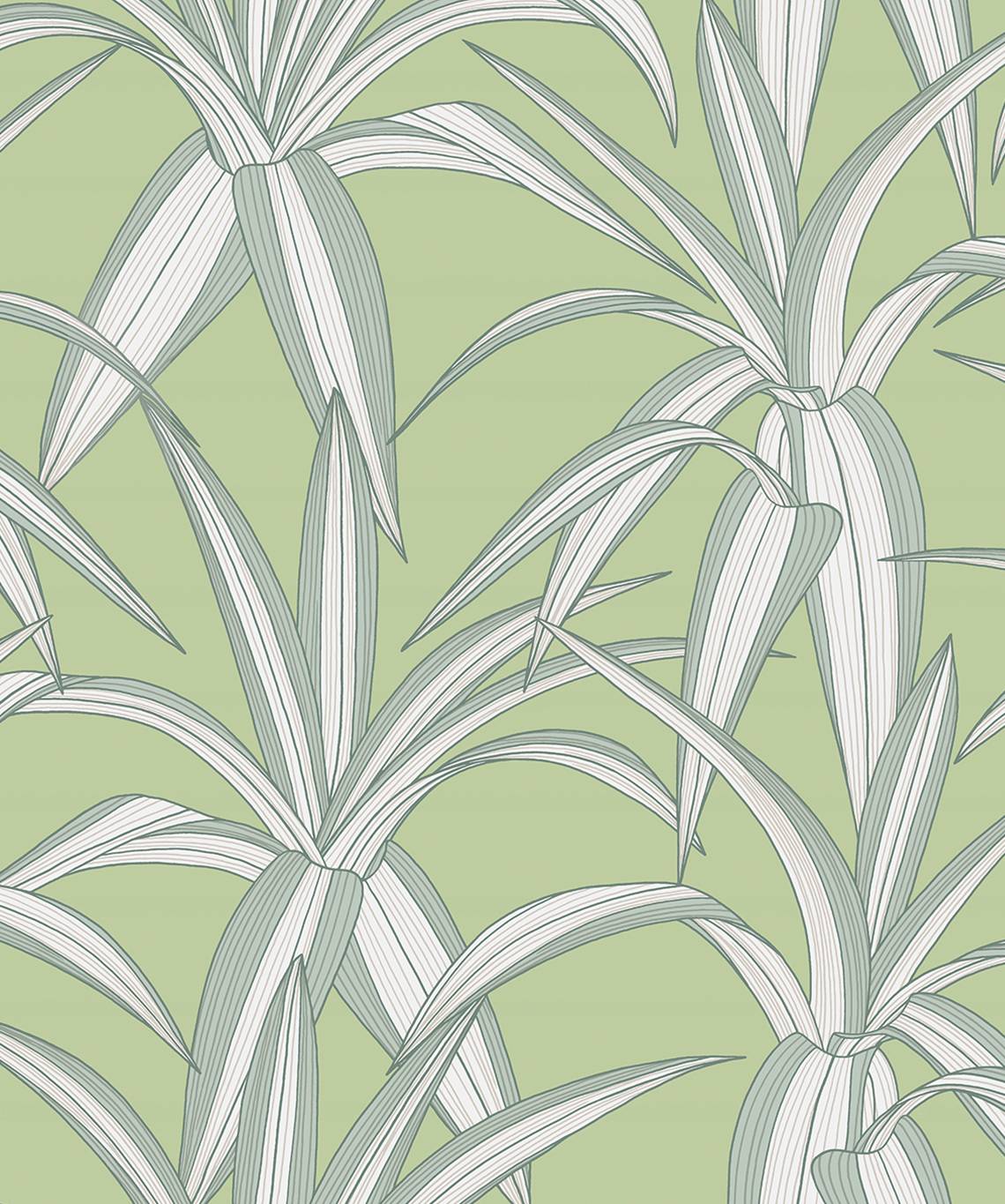 Tossed Cradle Plant peel and stick wallpaper in spring green with layered tropical leaves