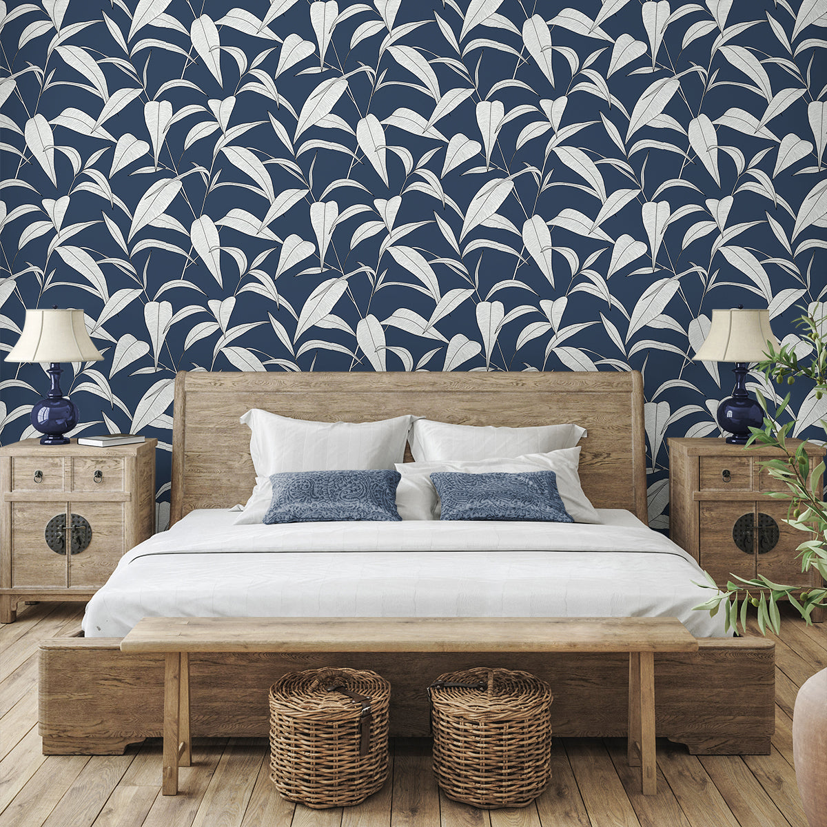 Pinstripe Leaf Trail Dark Blue by NextWall Peel & Stick Botanical Peel & Stick Wallpaper – NextWall NW51802