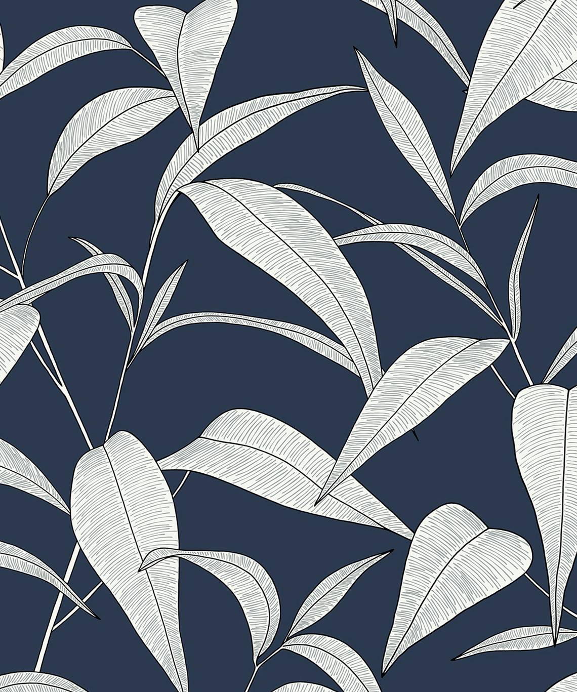 Pinstripe Leaf Trail peel and stick wallpaper in dark blue with white tropical leaf trail pattern