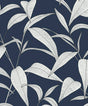 Pinstripe Leaf Trail peel and stick wallpaper in dark blue with white tropical leaf trail pattern