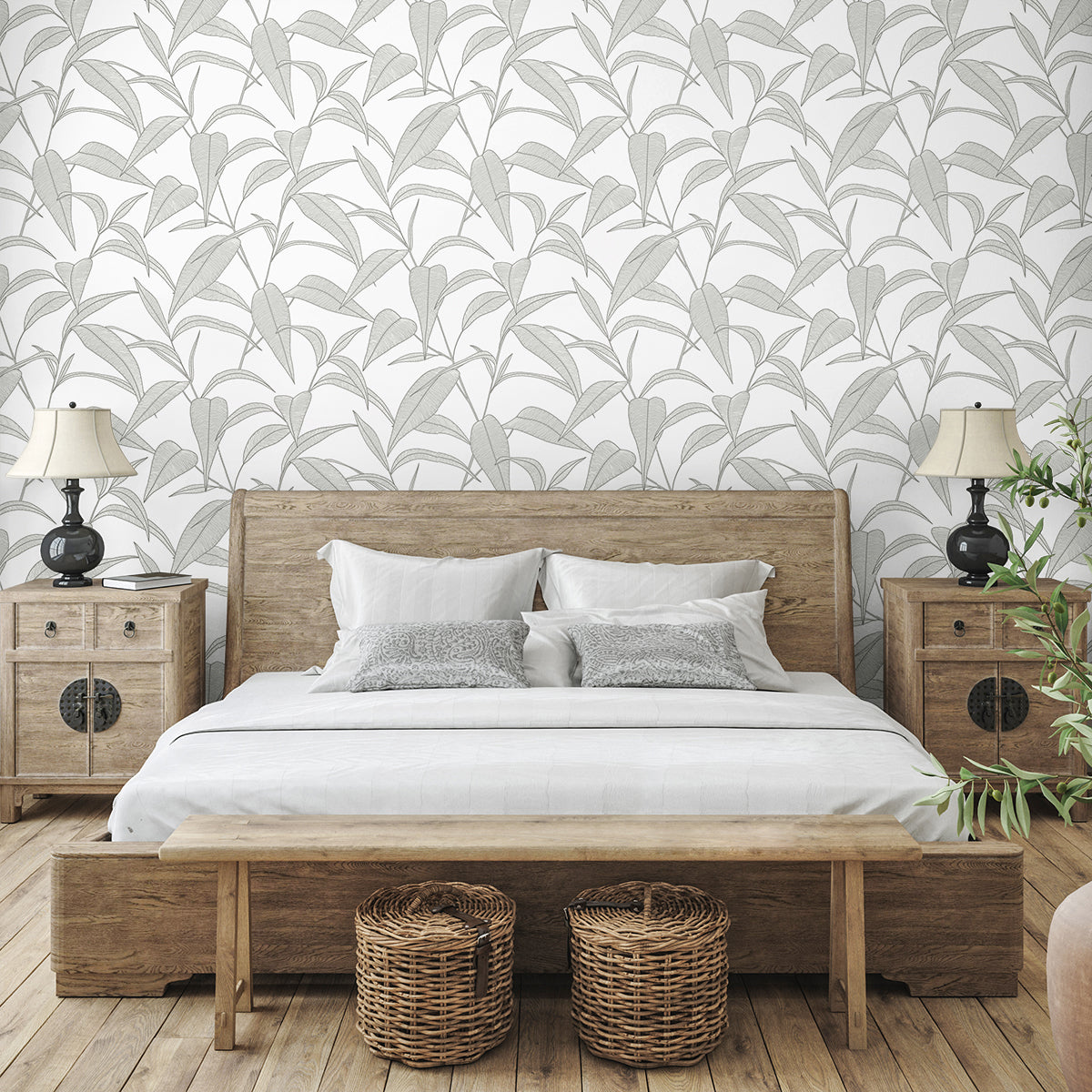 Pinstripe Leaf Trail Greystone by NextWall Peel & Stick Botanical Peel & Stick Wallpaper – NextWall NW51808