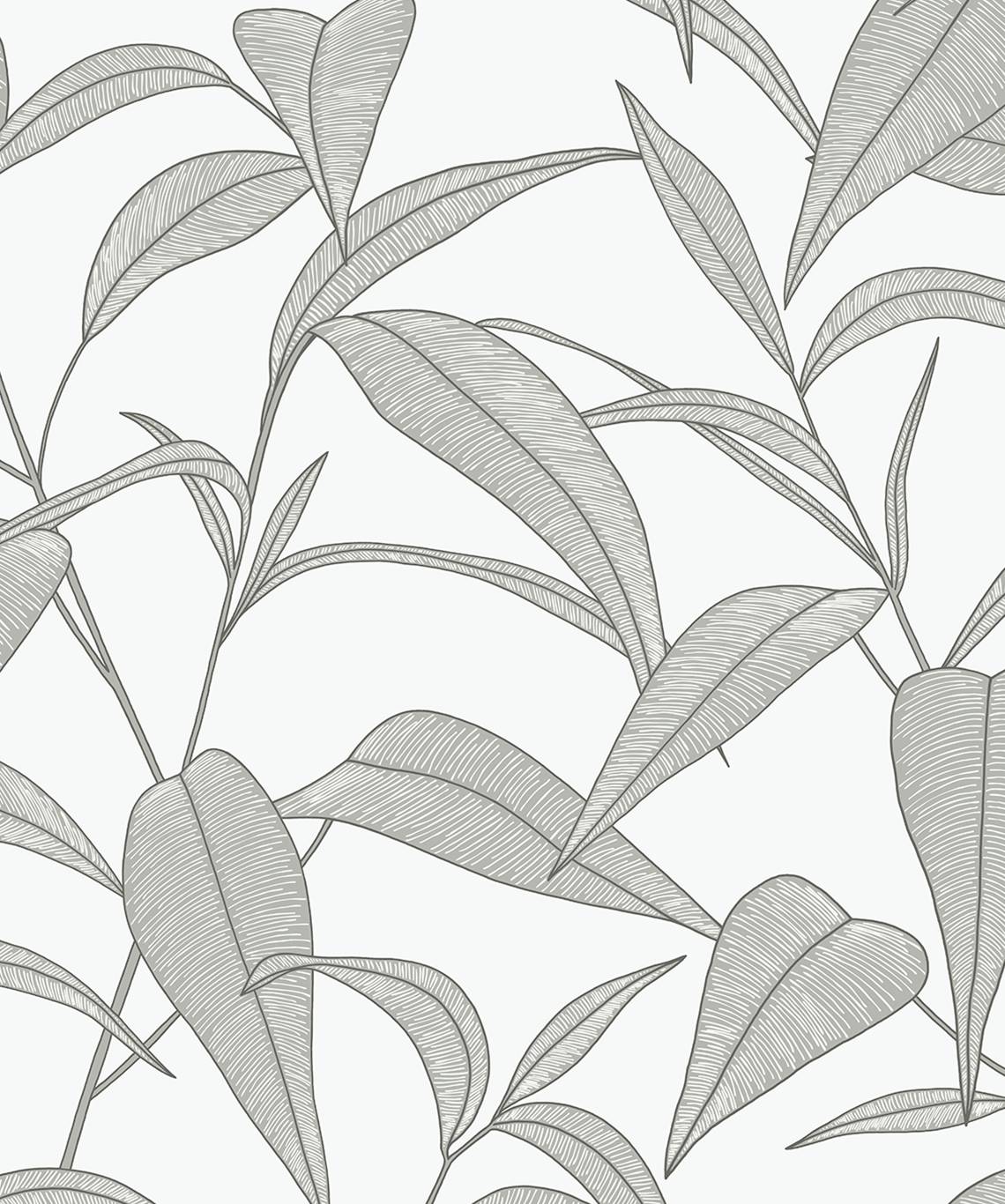 Pinstripe Leaf Trail Greystone botanical peel and stick wallpaper with leaf trail linework