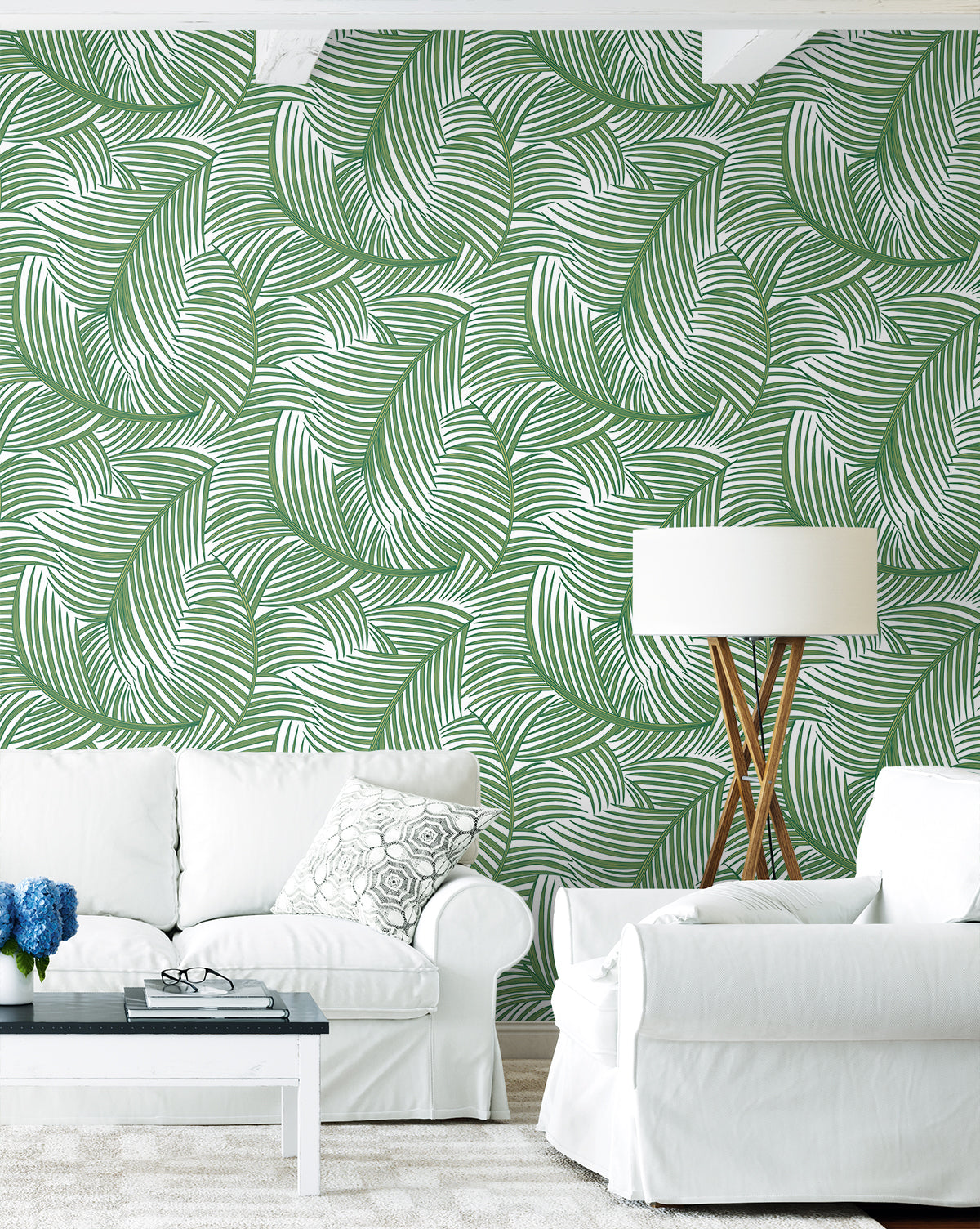 Tossed Palm Fronds Green and White by NextWall Peel & Stick Tropical Palm Fronds Peel & Stick Vinyl Wallpaper – NextWall NW51904