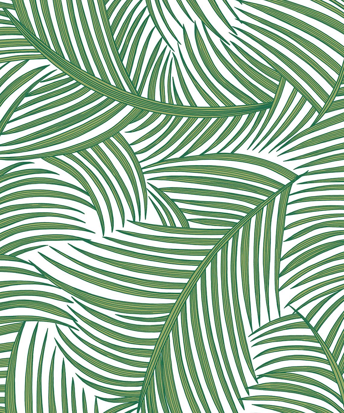 Green palm fronds peel and stick wallpaper pattern on a white background