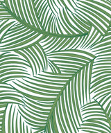 Green palm fronds peel and stick wallpaper pattern on a white background