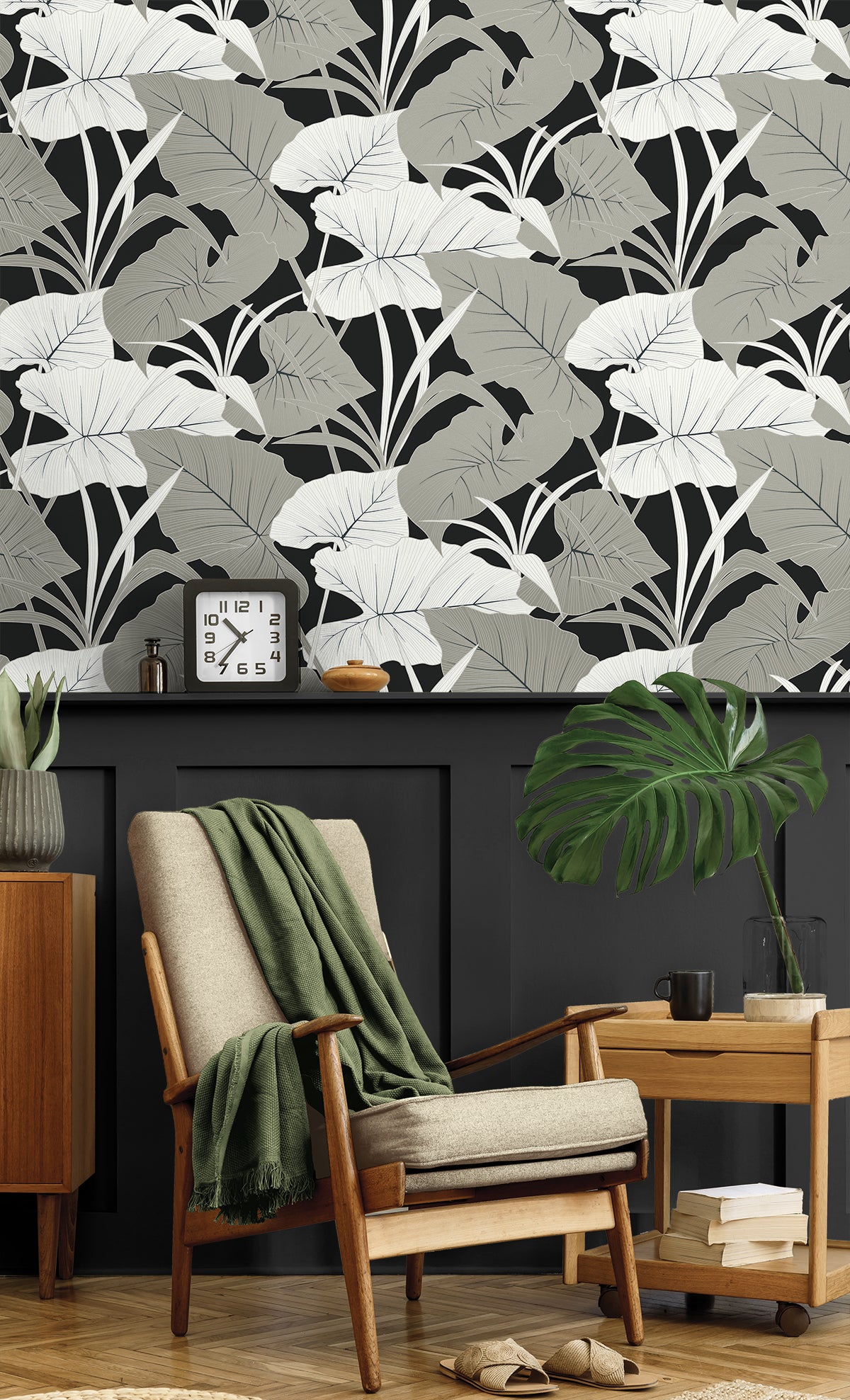 Elephant Leaves Ebony & Metallic Silver by NextWall Peel & Stick Tropical Botanical Wallpaper – NextWall NW52000