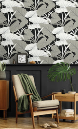 Elephant Leaves Ebony & Metallic Silver by NextWall Peel & Stick Tropical Botanical Wallpaper – NextWall NW52000
