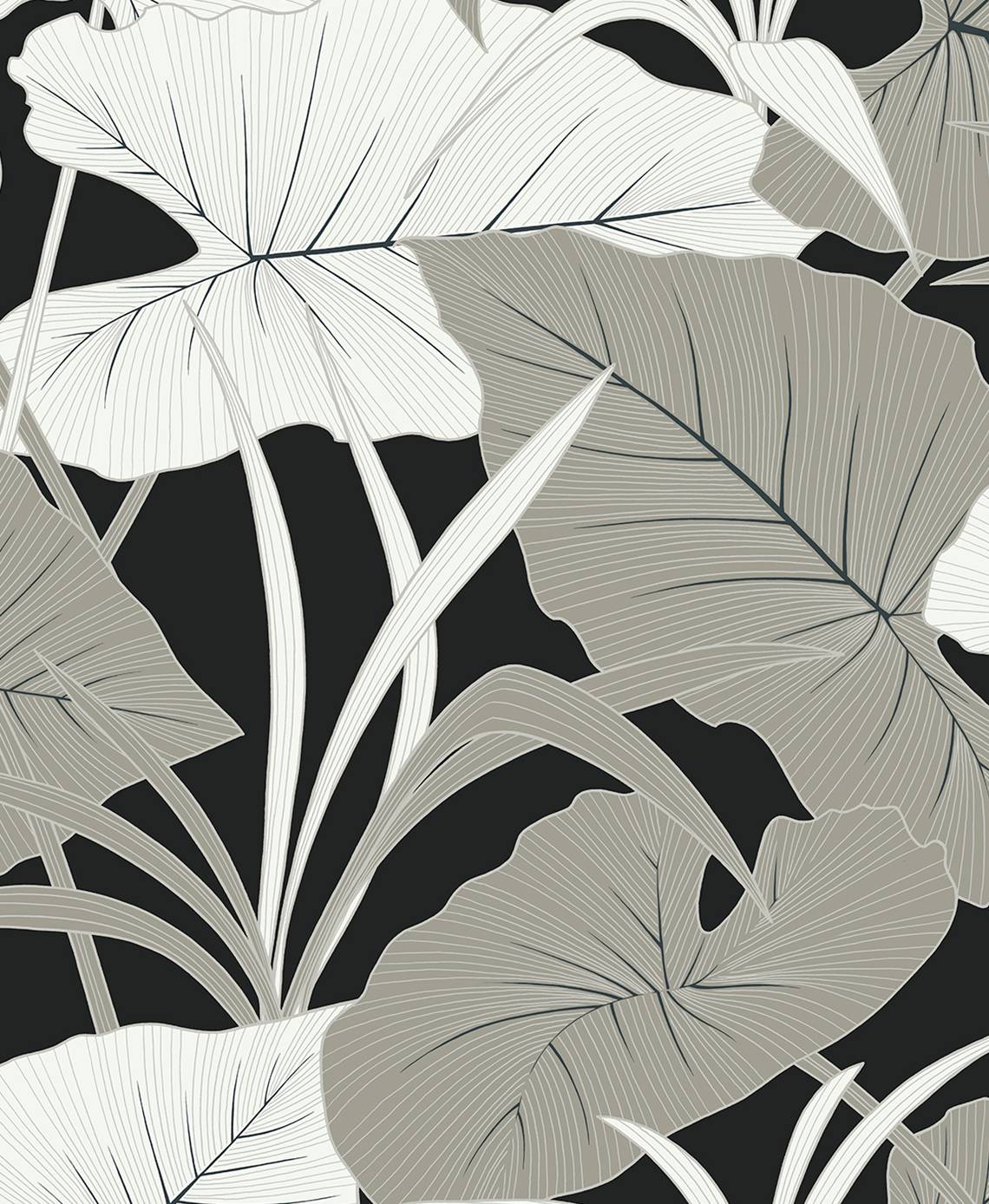 Tropical elephant ear leaves in metallic silver on an ebony black ground.