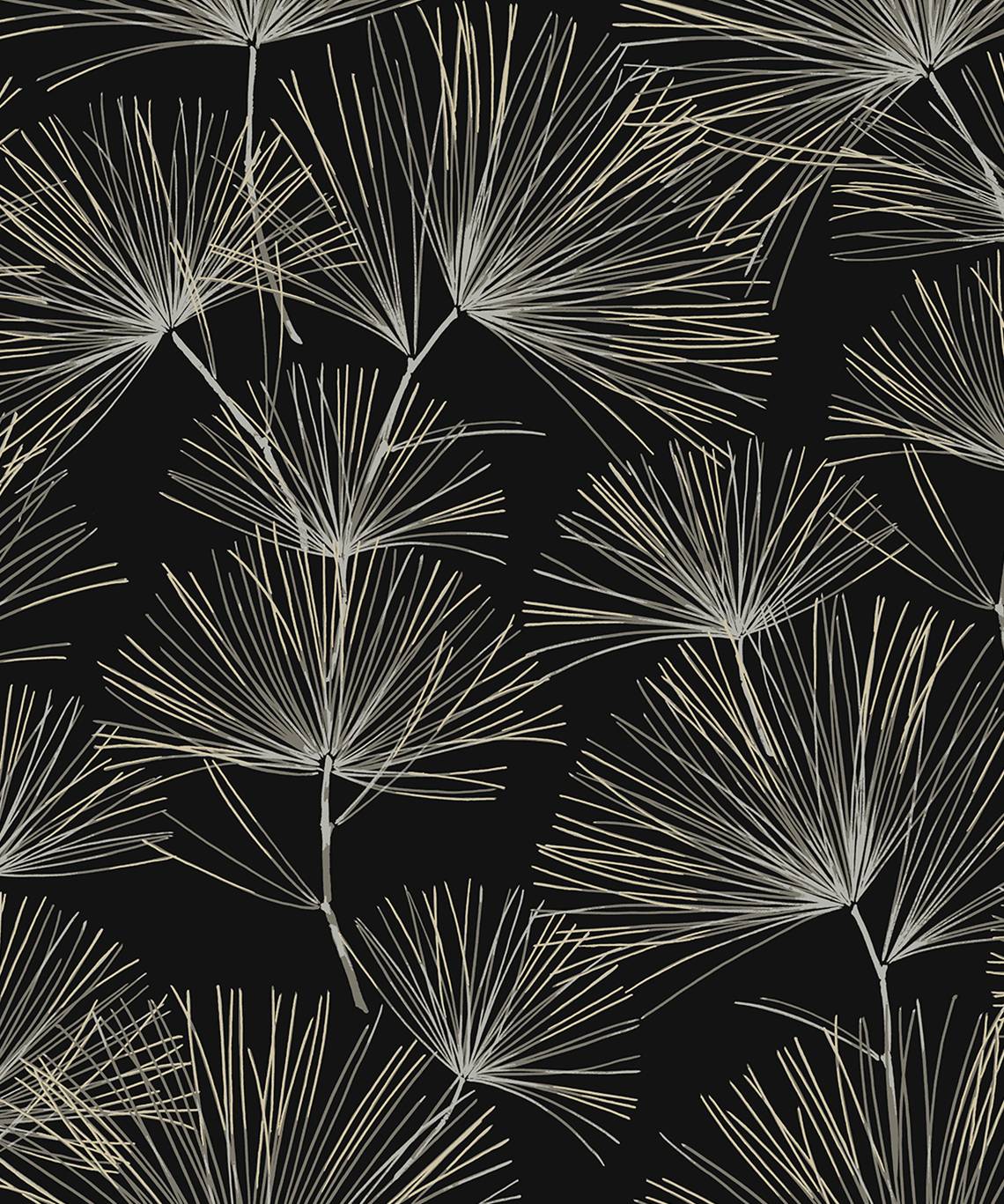Pine Needles peel and stick wallpaper in Ebony & Pavestone with botanical needle silhouettes on a black ground