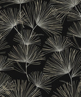 Pine Needles peel and stick wallpaper in Ebony & Pavestone with botanical needle silhouettes on a black ground