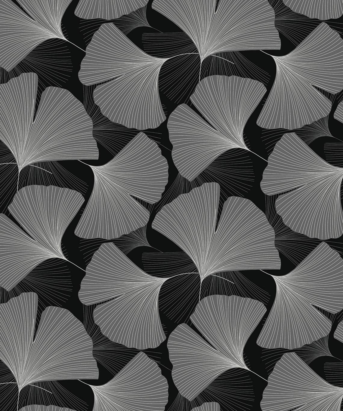 Tossed Ginkgo Leaf peel and stick wallpaper in ebony and greystone with scattered ginkgo fan leaves