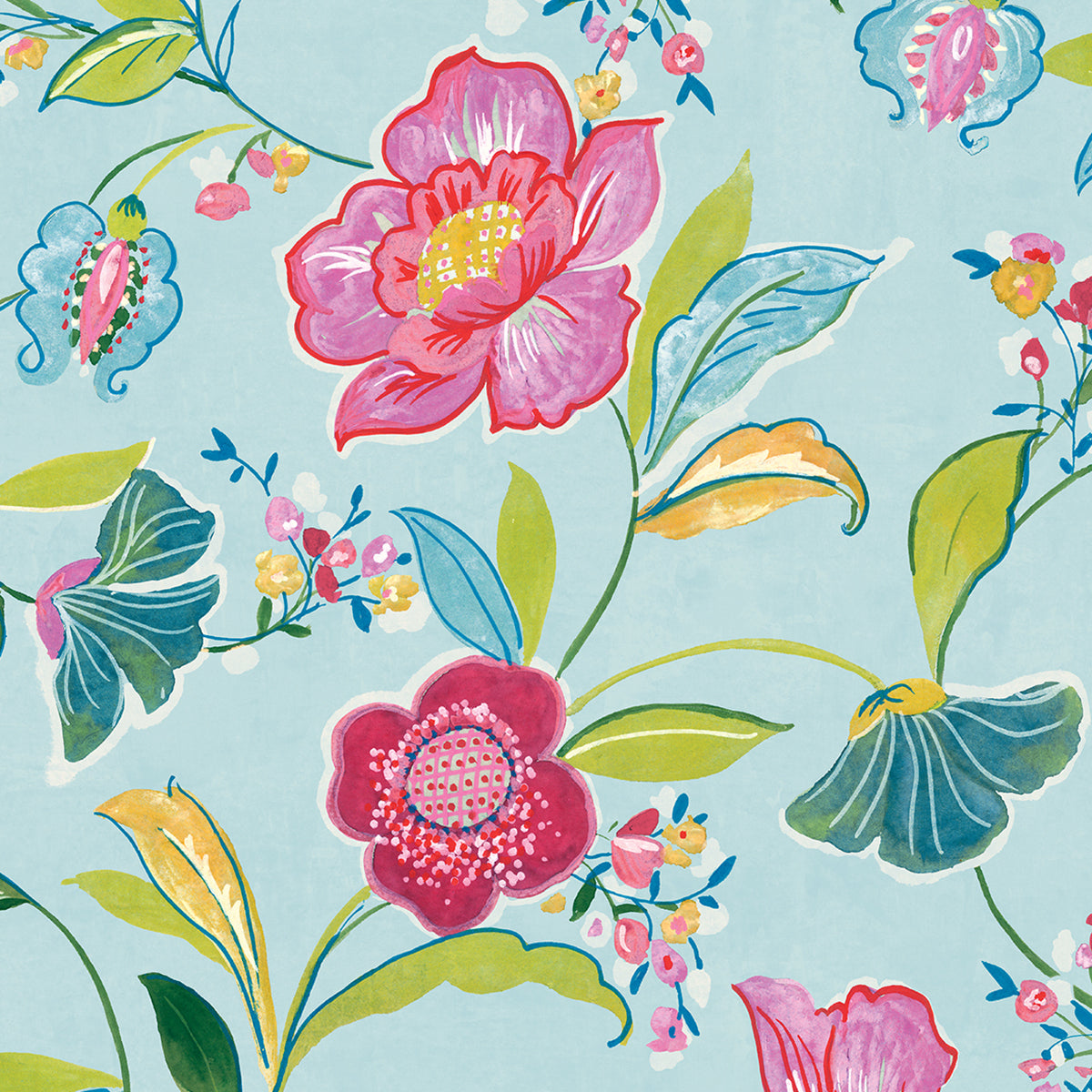 Painterly Floral peel and stick wallpaper in light aqua with pink and red flowers and green leaves