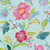 Painterly Floral peel and stick wallpaper in light aqua with pink and red flowers and green leaves