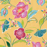 Painterly Floral peel and stick wallpaper in cantaloupe with large painterly pink flowers and blue-green leaves