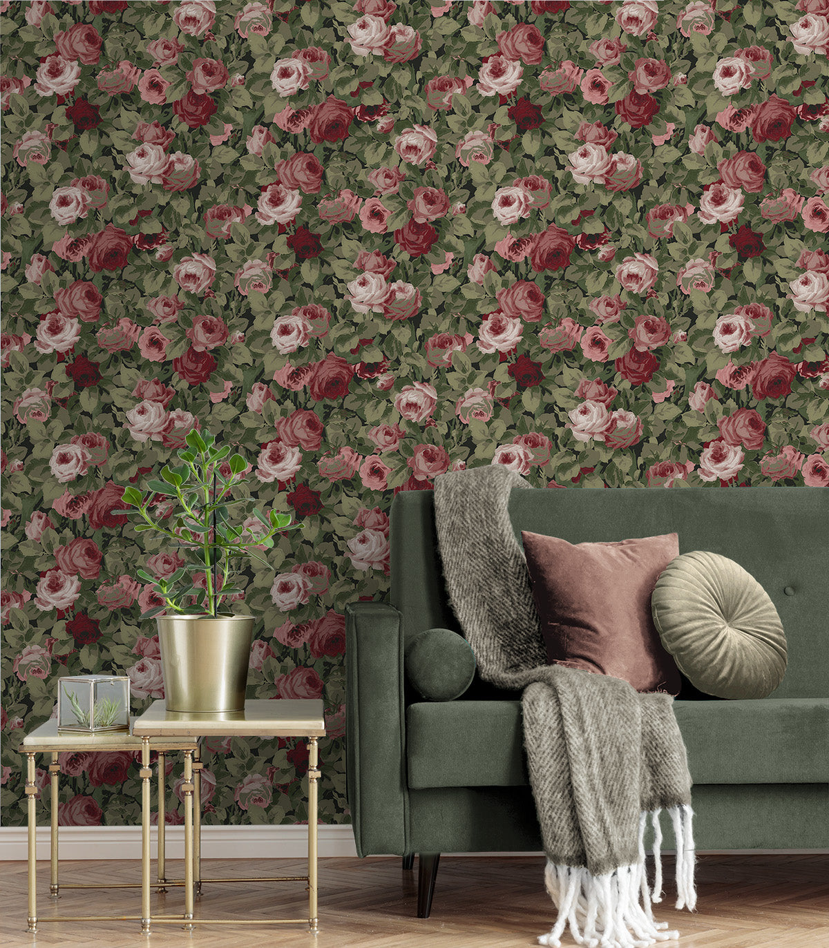 Rose Garden Garnet & Basil by NextWall Peel & Stick Floral Peel & Stick Wallpaper – NextWall NW52401