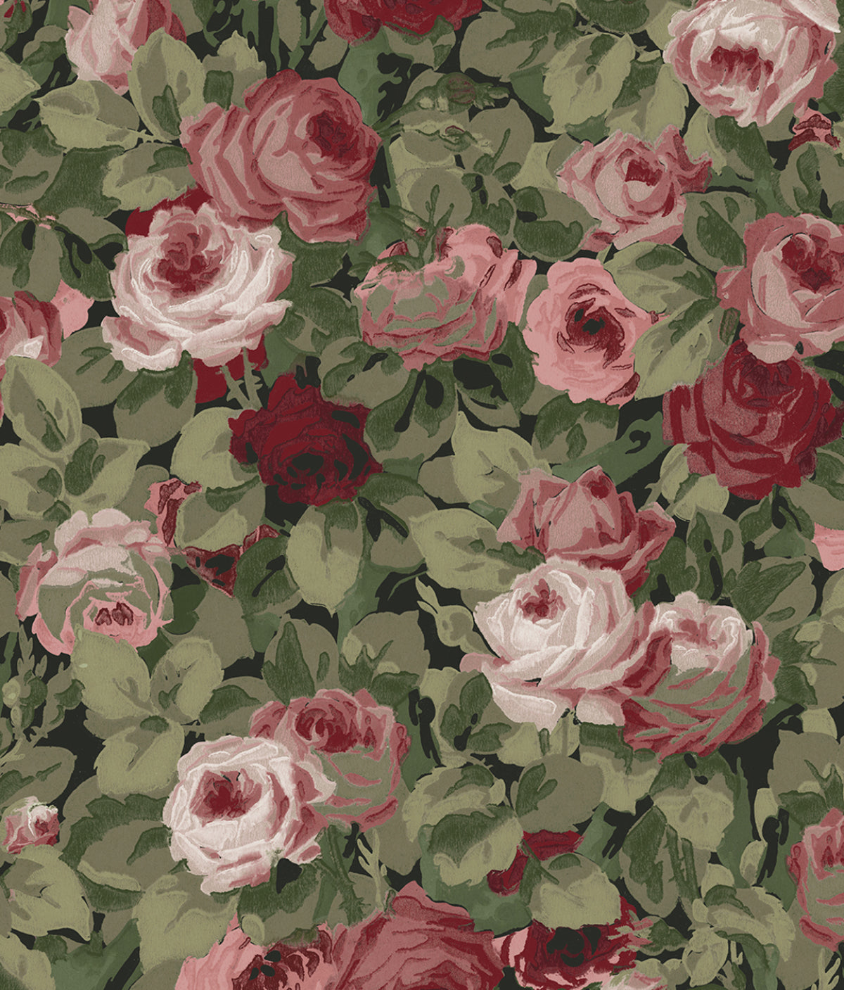 Rose Garden floral wallpaper pattern with pink and garnet roses and green foliage on a dark ground.