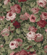 Rose Garden floral wallpaper pattern with pink and garnet roses and green foliage on a dark ground.