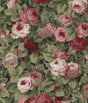Rose Garden floral wallpaper pattern with pink and garnet roses and green foliage on a dark ground.