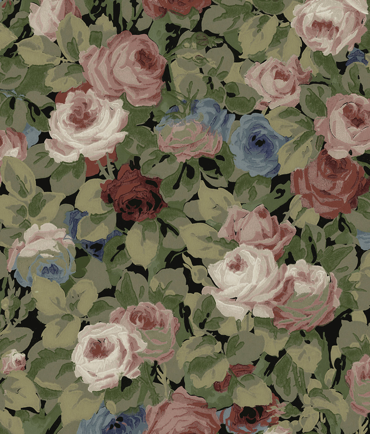Rose Garden peel and stick wallpaper with painted roses and foliage in olive and wine tones on a dark ground.