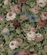 Rose Garden peel and stick wallpaper with painted roses and foliage in olive and wine tones on a dark ground.