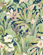 Blossoming Birds peel and stick wallpaper with lush green foliage, pale blossoms, and perched birds on a deep blue background.