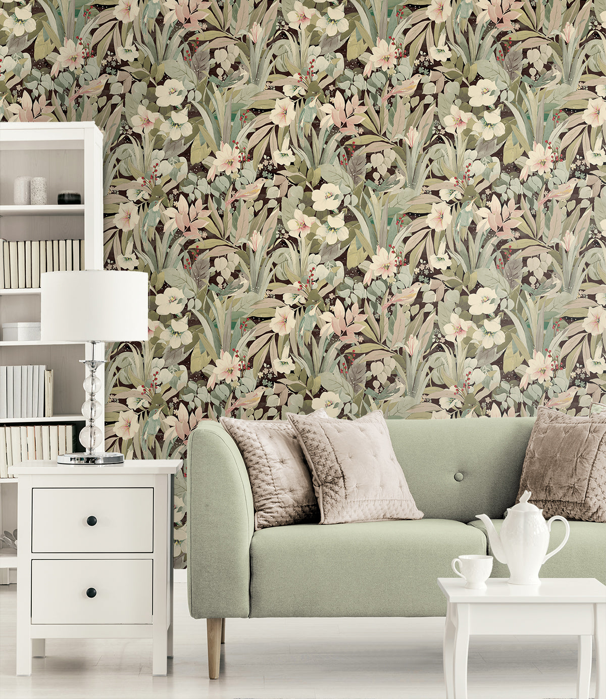 Blossoming Birds Sage & Ash Brown by NextWall Peel & Stick Botanical Bird Wallpaper – NextWall NW52506