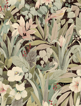 Blossoming Birds peel and stick wallpaper in sage and ash brown with birds and botanical florals