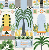 Tropical Facade peel and stick wallpaper pattern with palm trees, arches, and geometric accents in sky blue and off-white.