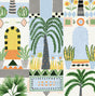 Tropical Facade peel and stick wallpaper pattern with palm trees, arches, and geometric accents in sky blue and off-white.