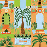 Tropical Facade peel and stick wallpaper in orange with stylized arches and palm trees