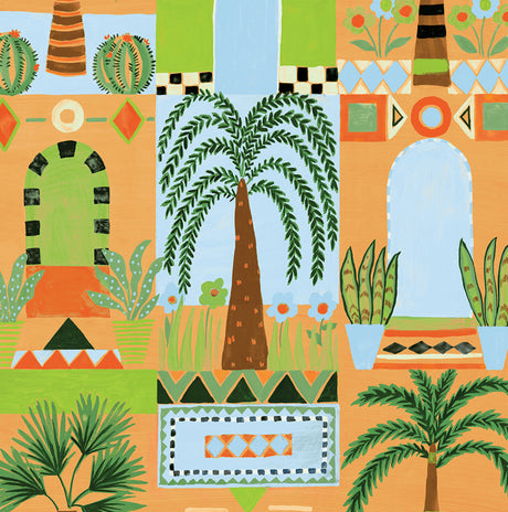 Tropical Facade peel and stick wallpaper in orange with stylized arches and palm trees