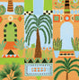 Tropical Facade peel and stick wallpaper in orange with stylized arches and palm trees
