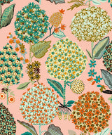 Blooming Bulbs floral wallpaper pattern with stylized bulb-like blooms and leaves on a posy pink background