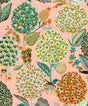 Blooming Bulbs floral wallpaper pattern with stylized bulb-like blooms and leaves on a posy pink background