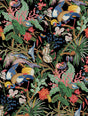 NextWall Tropical Canopy peel and stick wallpaper in Ebony with colorful tropical birds and botanical foliage on a black background.