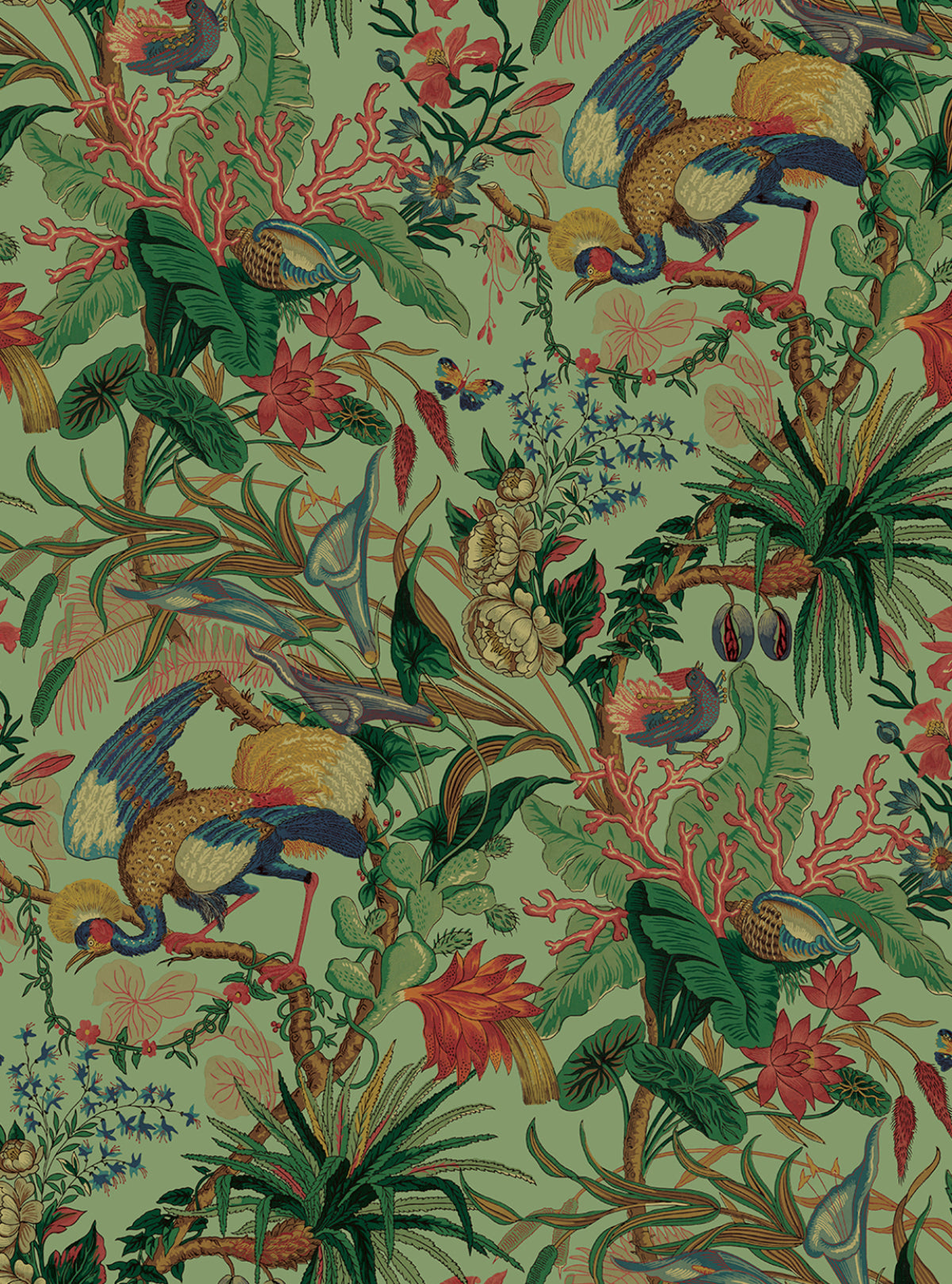 Tropical Canopy peel and stick wallpaper in seagreen featuring lush botanical foliage and colorful birds