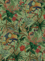 Tropical Canopy peel and stick wallpaper in seagreen featuring lush botanical foliage and colorful birds