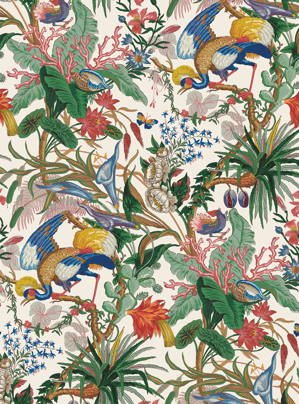 Tropical Canopy Sea Salt peel and stick wallpaper with lush tropical botanicals and colorful birds