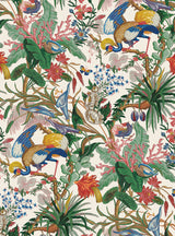Tropical Canopy Sea Salt peel and stick wallpaper with lush tropical botanicals and colorful birds