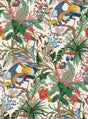 Tropical Canopy Sea Salt peel and stick wallpaper with lush tropical botanicals and colorful birds