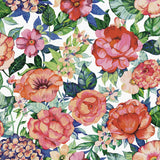 Watercolor floral garden peel and stick wallpaper with multicolor blossoms and green leaves on a white background.