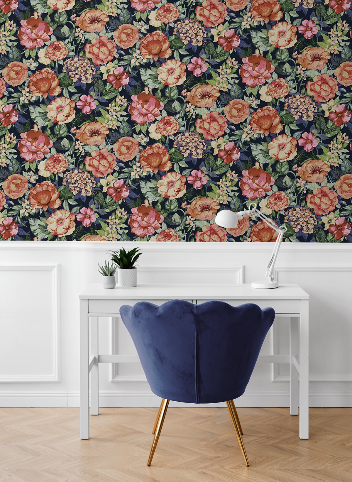 Watercolor Floral Garden Coral Rose & Dark Blue by NextWall Peel & Stick Floral Wallpaper – NextWall NW52922