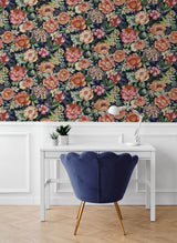 Watercolor Floral Garden Coral Rose & Dark Blue by NextWall Peel & Stick Floral Wallpaper – NextWall NW52922
