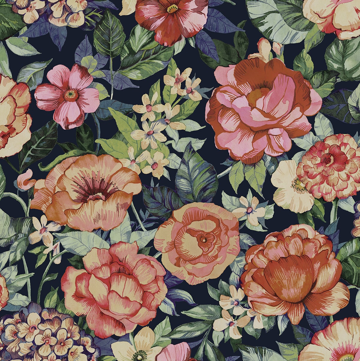 Watercolor floral garden peel and stick wallpaper in coral rose and dark blue