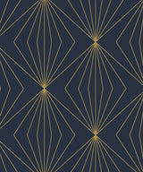 Dark blue peel and stick wallpaper with metallic gold geometric fan and diamond pattern