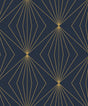 Dark blue peel and stick wallpaper with metallic gold geometric fan and diamond pattern